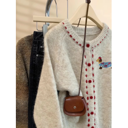 杏色小狗加厚圓領針織開衫女秋季2025新款設計感外穿軟糯毛衣外套