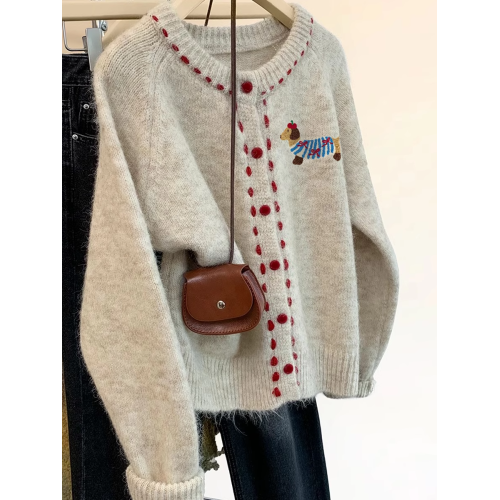 杏色小狗加厚圓領針織開衫女秋季2025新款設計感外穿軟糯毛衣外套