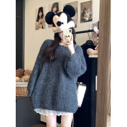 kumikumi慵嬾風純色圓領加厚簡約長袖毛衣女冬季顯瘦百搭寬鬆上衣