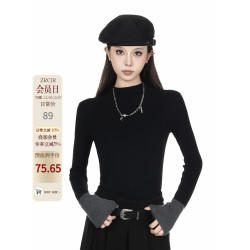 黑色半高領毛衣女拼接設計感2025秋冬小個子修身顯瘦內搭打底衫