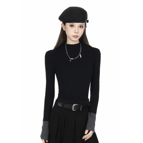 黑色半高領毛衣女拼接設計感2025秋冬小個子修身顯瘦內搭打底衫