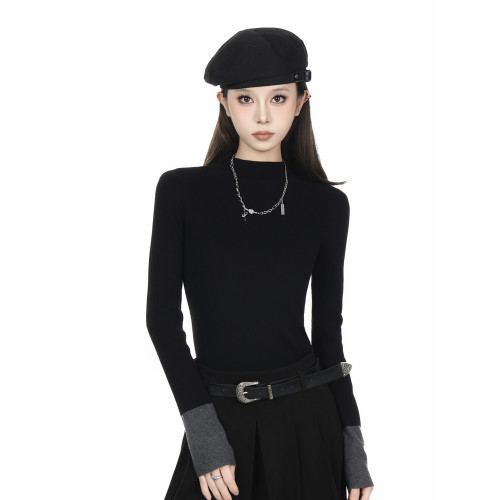 黑色半高領毛衣女拼接設計感2025秋冬小個子修身顯瘦內搭打底衫