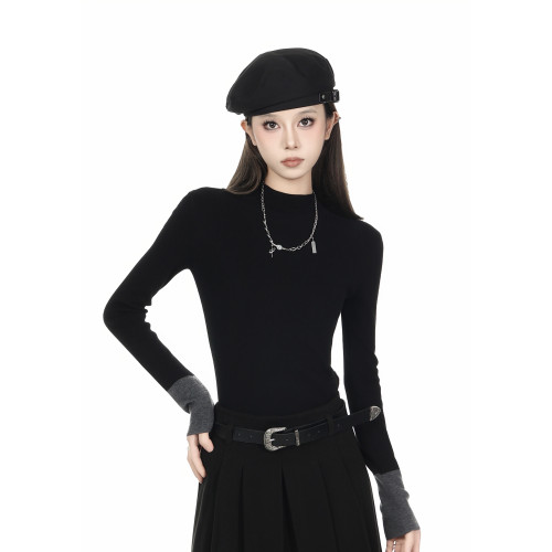 黑色半高領毛衣女拼接設計感2025秋冬小個子修身顯瘦內搭打底衫