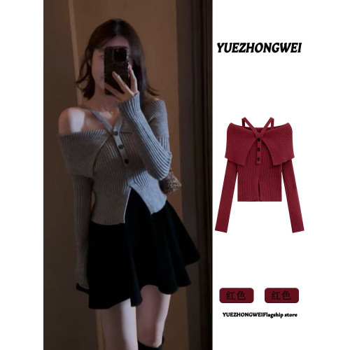 法式一字肩灰色掛脖毛衣女款2025新款秋冬季修身露肩短款針織上衣