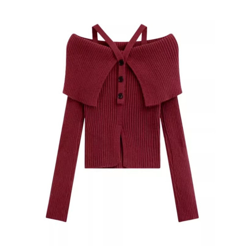 法式一字肩灰色掛脖毛衣女款2025新款秋冬季修身露肩短款針織上衣