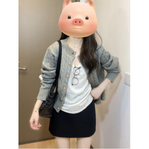 灰色麻花針織開衫女春秋秋季學院風外搭軟糯毛衣外套短款上衣秋冬