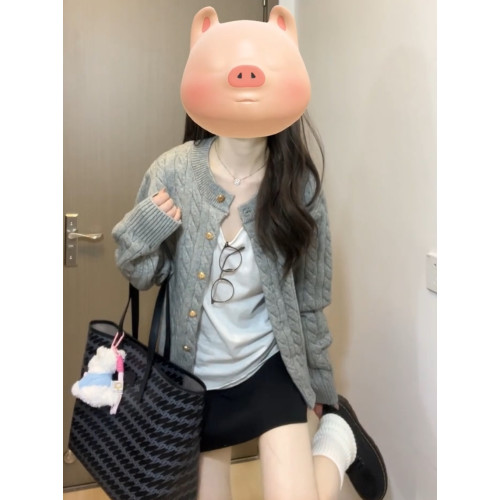 灰色麻花針織開衫女春秋秋季學院風外搭軟糯毛衣外套短款上衣秋冬