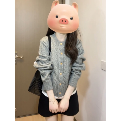 灰色麻花針織開衫女春秋秋季學院風外搭軟糯毛衣外套短款上衣秋冬