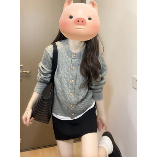 灰色麻花針織開衫女春秋秋季學院風外搭軟糯毛衣外套短款上衣秋冬