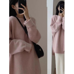 浣熊絨套頭毛衣女秋冬外穿中長款日系慵懶復古開叉針織衫冬季加厚