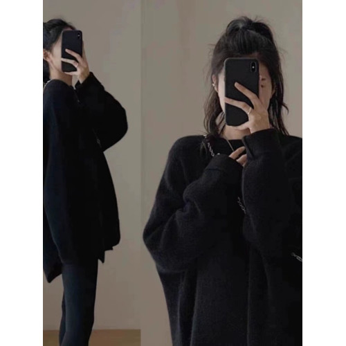 浣熊絨套頭毛衣女秋冬外穿中長款日系慵懶復古開叉針織衫冬季加厚