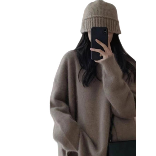 浣熊絨套頭毛衣女秋冬外穿中長款日系慵懶復古開叉針織衫冬季加厚