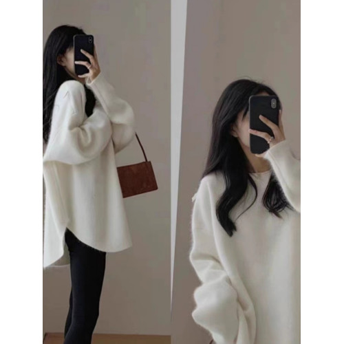 浣熊絨套頭毛衣女秋冬外穿中長款日系慵懶復古開叉針織衫冬季加厚