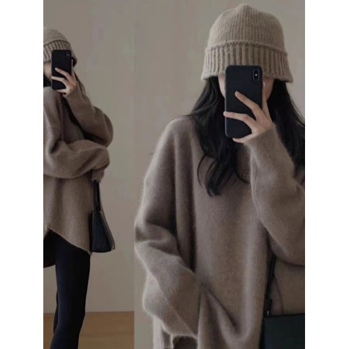 浣熊絨套頭毛衣女秋冬外穿中長款日系慵懶復古開叉針織衫冬季加厚