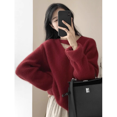 灰色v領鏤空套頭針織軟糯毛衣女秋冬季設計感小衆高級感慵懶風厚