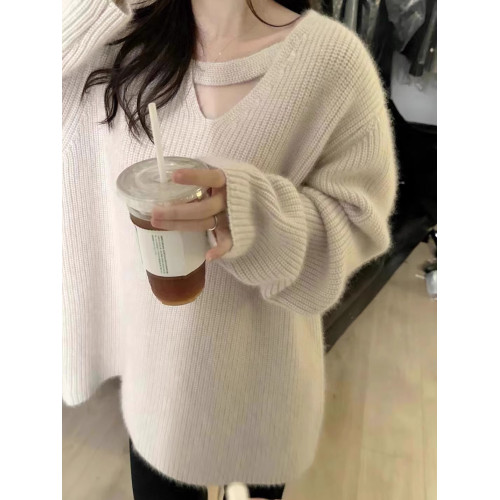 灰色v領鏤空套頭針織軟糯毛衣女秋冬季設計感小衆高級感慵懶風厚