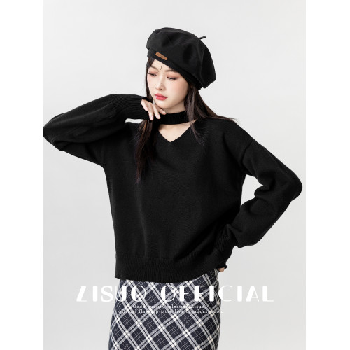 2026春季新款黑色v領毛衣女春秋內搭長袖打底衫外穿掛脖針織上衣