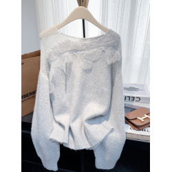 南油高級輕奢女裝洋氣質蕾絲拼接毛衣秋季寬松針織衫長袖上衣