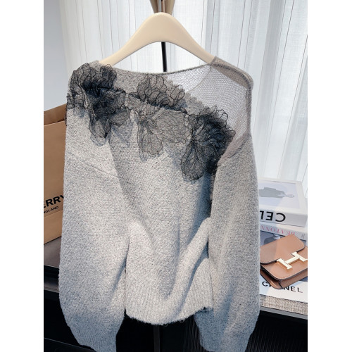 南油高級輕奢女裝洋氣質蕾絲拼接毛衣秋季寬松針織衫長袖上衣