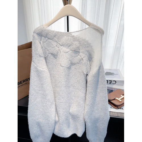 南油高級輕奢女裝洋氣質蕾絲拼接毛衣秋季寬松針織衫長袖上衣