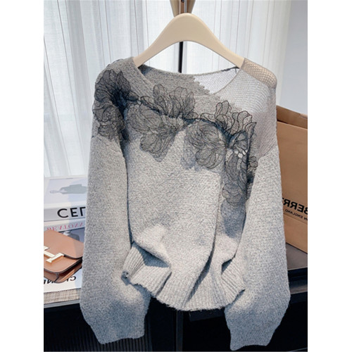 南油高級輕奢女裝洋氣質蕾絲拼接毛衣秋季寬松針織衫長袖上衣