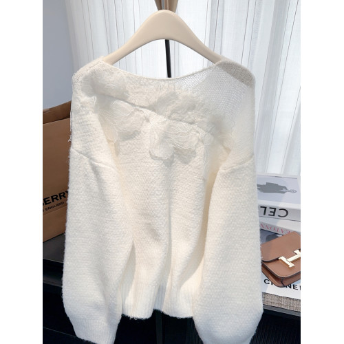 南油高級輕奢女裝洋氣質蕾絲拼接毛衣秋季寬松針織衫長袖上衣