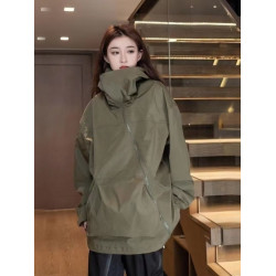 胖mm300斤特大碼時尚獨特斜拉鍊沖鋒衣女春秋季寬松休閒連帽外套2