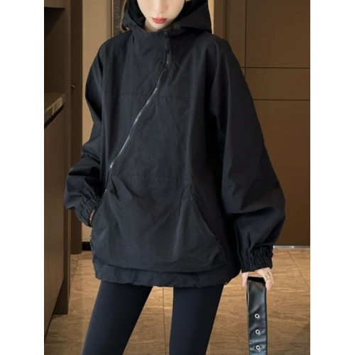 胖mm300斤特大碼時尚獨特斜拉鍊沖鋒衣女春秋季寬松休閒連帽外套2