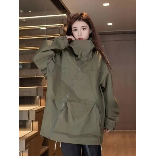 胖mm300斤特大碼時尚獨特斜拉鍊沖鋒衣女春秋季寬松休閒連帽外套2