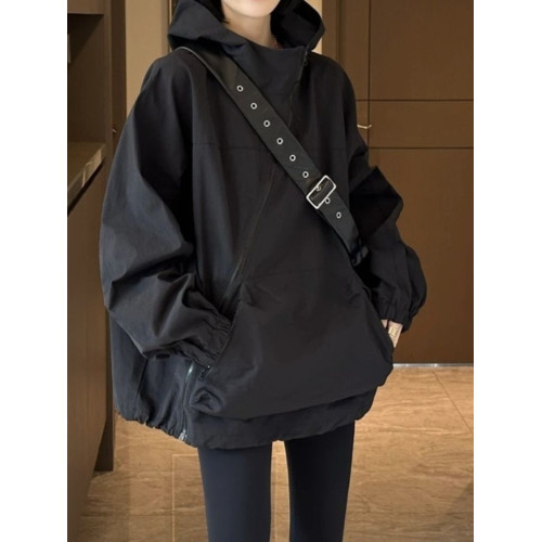 胖mm300斤特大碼時尚獨特斜拉鍊沖鋒衣女春秋季寬松休閒連帽外套2