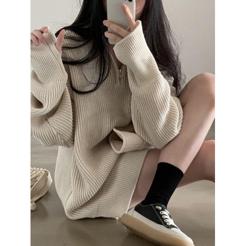 半拉鍊正肩針織毛衣女秋季大碼胖mm打底衫中長款搭配鯊魚褲的上衣