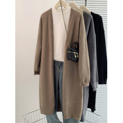 純色簡約軟糯毛衣針織開衫女秋季中長款慵懶休閒無釦寬松風衣外套