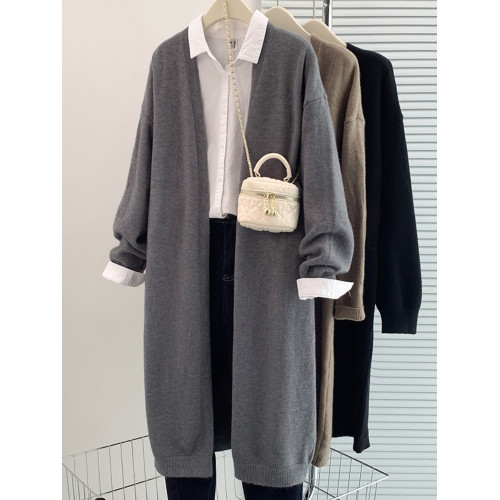 純色簡約軟糯毛衣針織開衫女秋季中長款慵懶休閒無釦寬松風衣外套