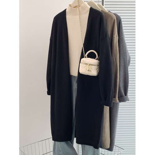 純色簡約軟糯毛衣針織開衫女秋季中長款慵懶休閒無釦寬松風衣外套