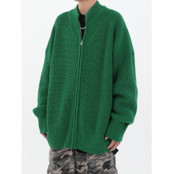 美式高街寬松綠色時髦拉鍊立領外套男2025年新款春季針織毛衣ins