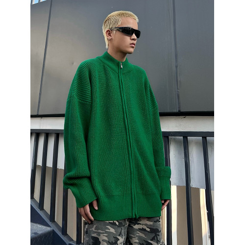 美式高街寬松綠色時髦拉鍊立領外套男2025年新款春季針織毛衣ins