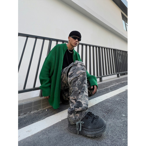 美式高街寬松綠色時髦拉鍊立領外套男2025年新款春季針織毛衣ins