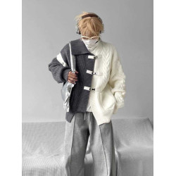 拼接撞色開衫毛衣男春秋季設計感痞帥上衣寬松潮牌高街針織衫外套