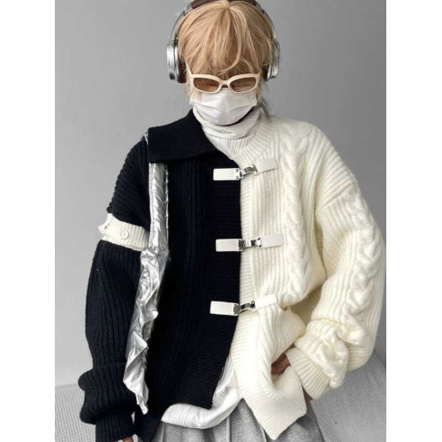 拼接撞色開衫毛衣男春秋季設計感痞帥上衣寬松潮牌高街針織衫外套 拼接撞色開衫毛衣男春秋季設計感痞帥上衣寬松潮牌高街針織衫外套