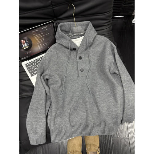 深灰色套頭短款毛衣男女款秋冬高級感v領針織衫美式復古連帽外套