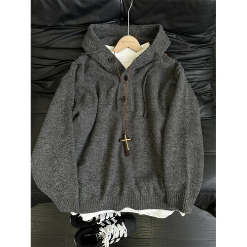 深灰色套頭短款毛衣男女款秋冬高級感v領針織衫美式復古連帽外套