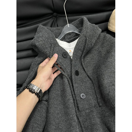 深灰色套頭短款毛衣男女款秋冬高級感v領針織衫美式復古連帽外套