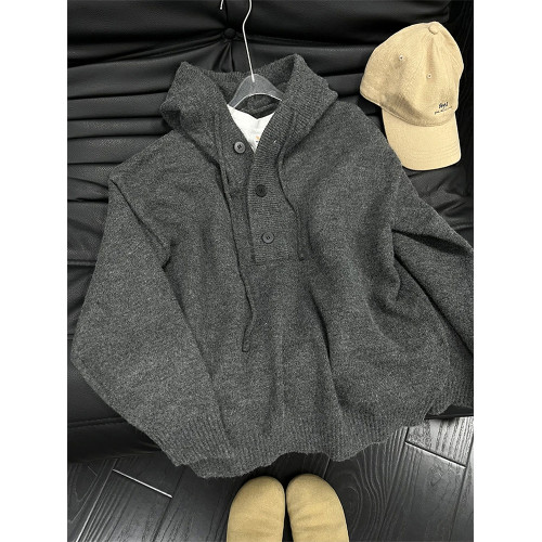 深灰色套頭短款毛衣男女款秋冬高級感v領針織衫美式復古連帽外套