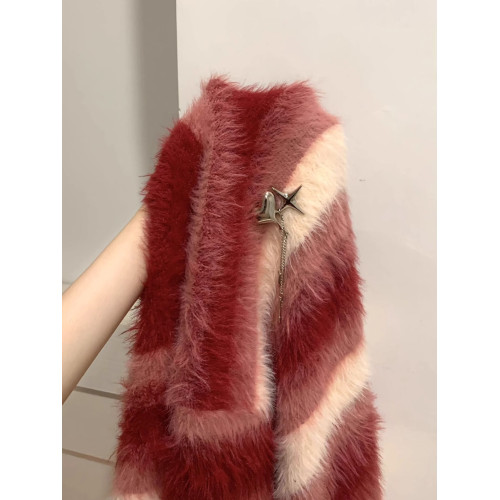 紅色條紋綉花長絨軟糯仿貂毛套頭毛衣慵懶愛心胸針針織衫加厚上衣