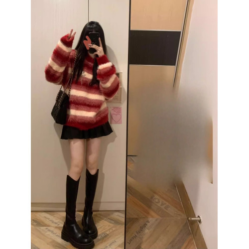 紅色條紋綉花長絨軟糯仿貂毛套頭毛衣慵懶愛心胸針針織衫加厚上衣