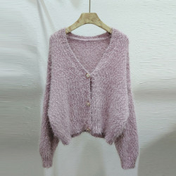 V領毛衣寬松女慵懶春秋外穿2025新款上衣仿貂絨粉色針織開衫外套