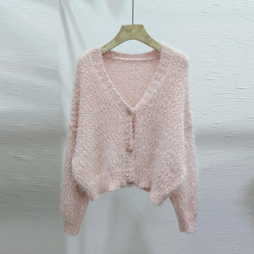 V領毛衣寬松女慵懶春秋外穿2025新款上衣仿貂絨粉色針織開衫外套