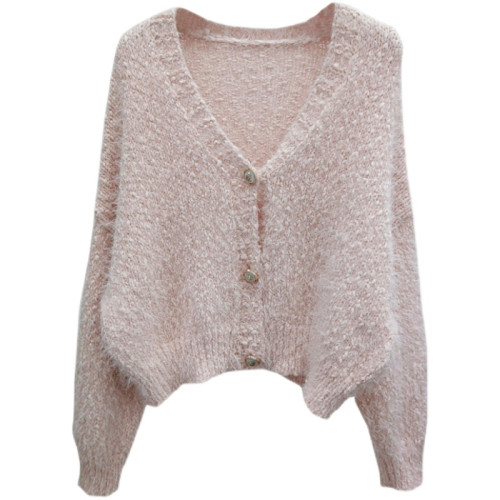 V領毛衣寬松女慵懶春秋外穿2025新款上衣仿貂絨粉色針織開衫外套