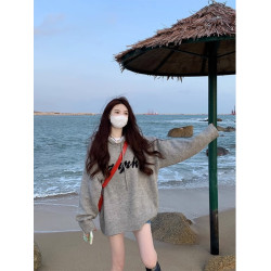 灰色連帽針織衫衛衣女秋季美式復古寬松慵懶風中長款毛衣外套上衣
