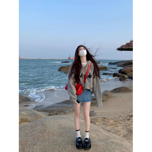 灰色連帽針織衫衛衣女秋季美式復古寬松慵懶風中長款毛衣外套上衣